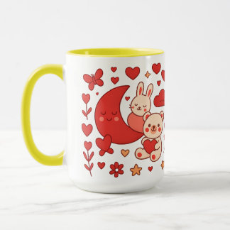 Whimsical Bunny and Bear Moon Heart Ceramic Mug Mok