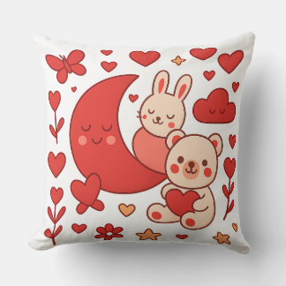 Whimsical Bunny and Bear Moon Heart Throw Pillow Kussen