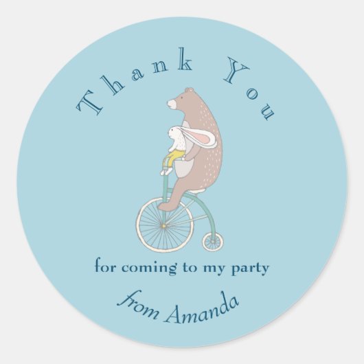 Whimsical Bunny and Beer Riding a Bike Bedankt Ronde Sticker (Voorkant)