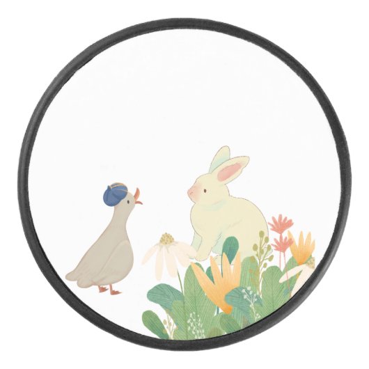 Whimsical Bunny & Bird in Bloom – Schattigee voorj Hockey Puck (Voorkant)