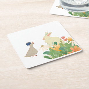 Whimsical Bunny & Bird in Bloom – Schattigee voorj Kartonnen Onderzetters