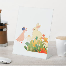 Whimsical Bunny & Bird in Bloom – Schattigee voorj Reclamebord Met Voetstuk