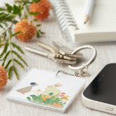 Whimsical Bunny & Bird in Bloom – Schattigee voorj Sleutelhanger (Voorkant Rechts)