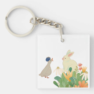 Whimsical Bunny & Bird in Bloom – Schattigee voorj Sleutelhanger