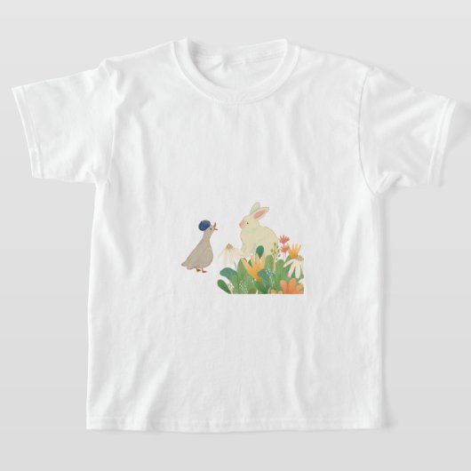 Whimsical Bunny & Bird in Bloom – Schattigee voorj T-shirt (Laagn)