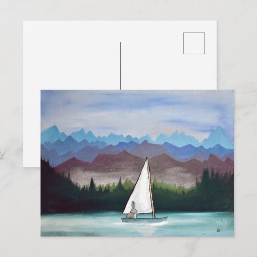 Whimsical Bunny Boat Mountains Woodland Artwork Briefkaart (Voorkant / Achterkant)