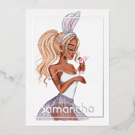 Whimsical Bunny Easter Birthday Cocktail Girl Foli Folie Uitnodiging