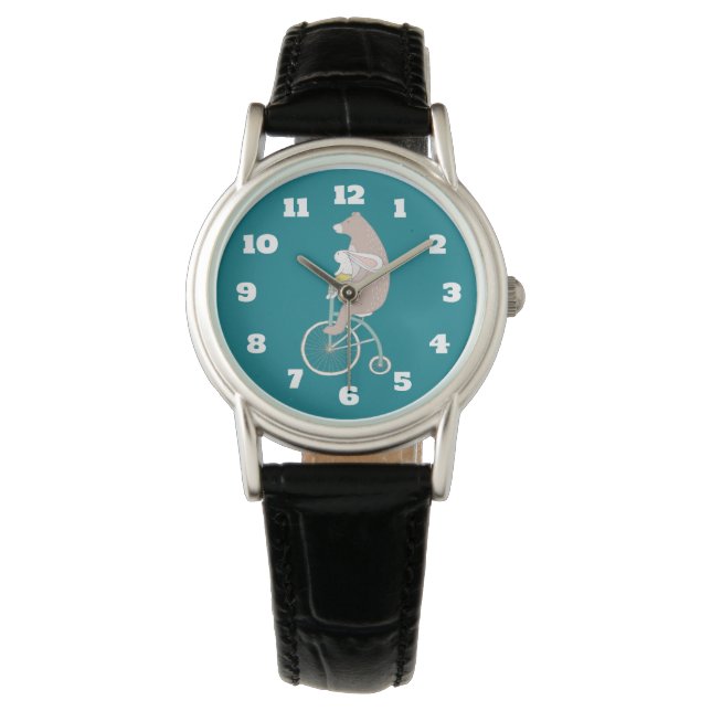 Whimsical Bunny en Beer Riding a Bike Horloge (Voorkant)