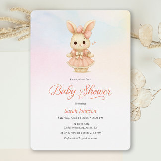 Whimsical Bunny Girl Pink Baby Shower Invitation Kaart