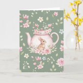 Whimsical Bunny Green Teapot Floral Easter Kaart (Gele Bloem)