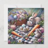 Whimsical Bunny Paaspicknick Roze Paarse Bloemen Feestdagenkaart (Voorkant)