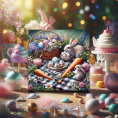 Whimsical Bunny Paaspicknick Roze Paarse Bloemen Feestdagenkaart