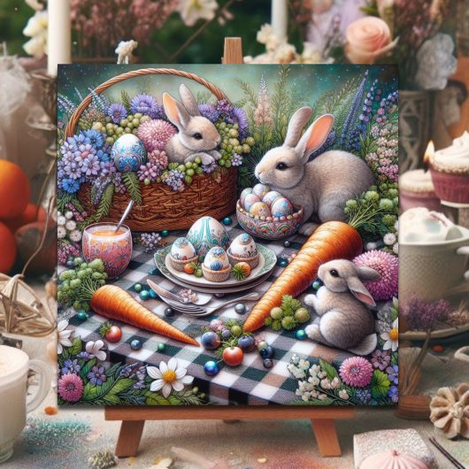 Whimsical Bunny Paaspicknick Roze Paarse Bloemen Feestdagenkaart