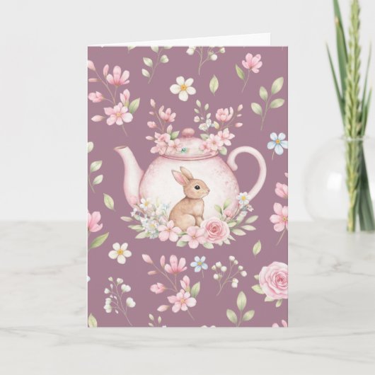Whimsical Bunny Pink Teapot Floral Easter Kaart (Voorkant)