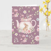 Whimsical Bunny Pink Teapot Floral Easter Kaart (Gele Bloem)