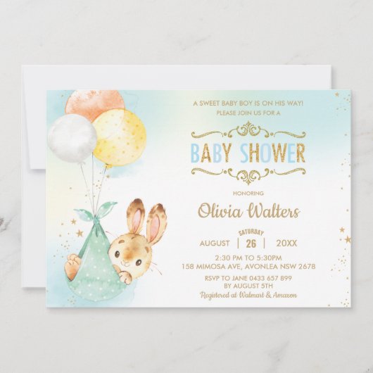Whimsical Bunny Rabbit Balloons Baby shower Boy Kaart (Voorkant)