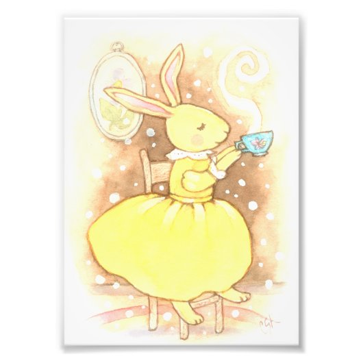 Whimsical Bunny Rabbit Cup van Tea Illustration Foto Afdruk (Voorkant)