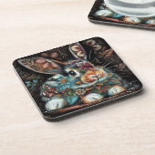 Whimsical Bunny Rabbit Floral Abstract Zwart Blauw Bier Onderzetter (Linkerzijde)