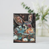 Whimsical Bunny Rabbit Floral Abstract Zwart Blauw Briefkaart (Staand voorkant)