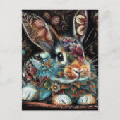 Whimsical Bunny Rabbit Floral Abstract Zwart Blauw Briefkaart (Voorkant)