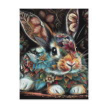 Whimsical Bunny Rabbit Floral Abstract Zwart Blauw