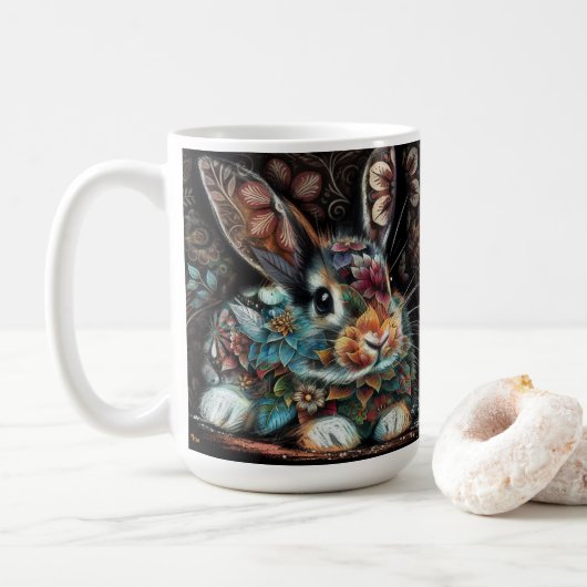 Whimsical Bunny Rabbit Floral Abstract Zwart Blauw Koffiemok (Met donut)