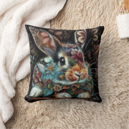 Whimsical Bunny Rabbit Floral Abstract Zwart Blauw Kussen