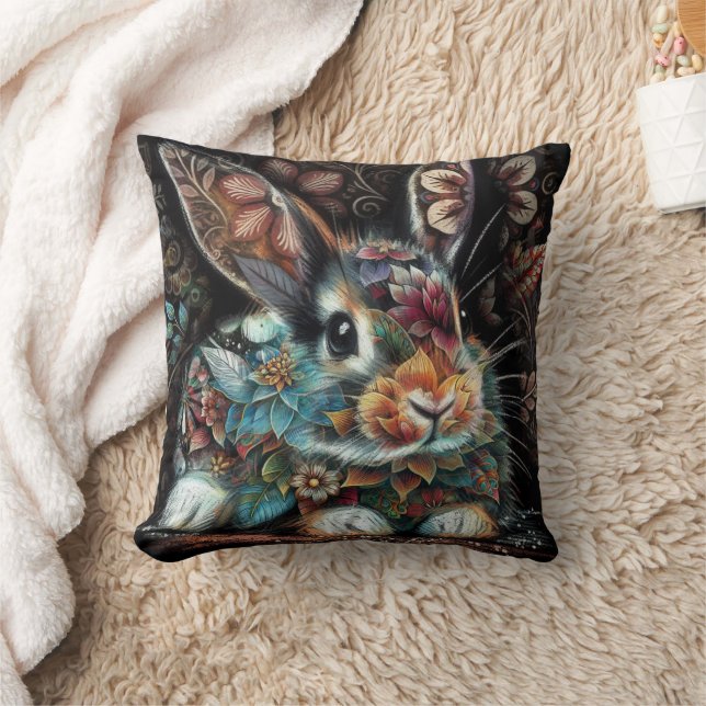 Whimsical Bunny Rabbit Floral Abstract Zwart Blauw Kussen (Deken)