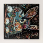 Whimsical Bunny Rabbit Floral Abstract Zwart Blauw Legpuzzel (Horizontaal)
