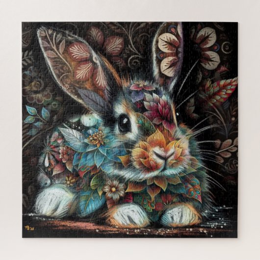 Whimsical Bunny Rabbit Floral Abstract Zwart Blauw Legpuzzel (Verticaal)