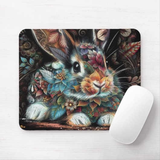 Whimsical Bunny Rabbit Floral Abstract Zwart Blauw Muismat (Met muis)