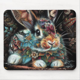 Whimsical Bunny Rabbit Floral Abstract Zwart Blauw Muismat