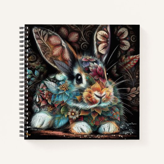 Whimsical Bunny Rabbit Floral Abstract Zwart Blauw Notitieboek (Voorkant)