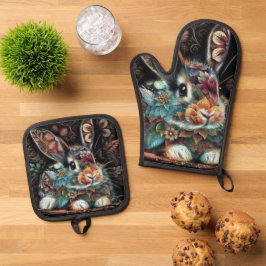 Whimsical Bunny Rabbit Floral Abstract Zwart Blauw Ovenwant & Pannenlap Set