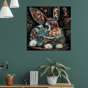 Whimsical Bunny Rabbit Floral Abstract Zwart Blauw Poster