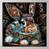 Whimsical Bunny Rabbit Floral Abstract Zwart Blauw Poster (Voorkant)