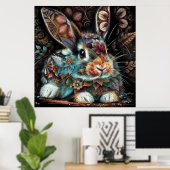Whimsical Bunny Rabbit Floral Abstract Zwart Blauw Poster (Thuiskantoor)