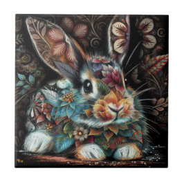 Whimsical Bunny Rabbit Floral Abstract Zwart Blauw Tegeltje