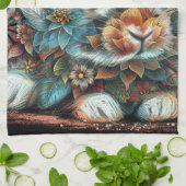 Whimsical Bunny Rabbit Floral Abstract Zwart Blauw Theedoek (Gevouwen)