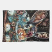Whimsical Bunny Rabbit Floral Abstract Zwart Blauw Theedoek (Horizontaal)