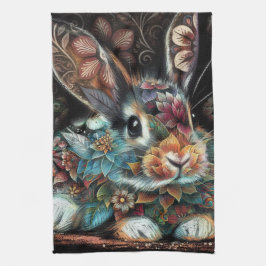 Whimsical Bunny Rabbit Floral Abstract Zwart Blauw Theedoek
