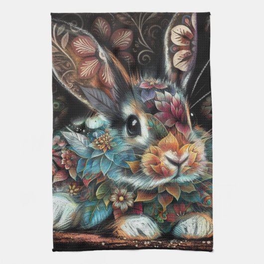 Whimsical Bunny Rabbit Floral Abstract Zwart Blauw Theedoek (Verticaal)