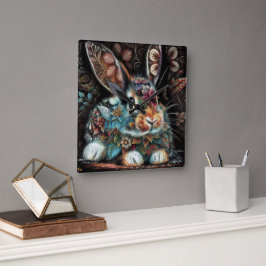 Whimsical Bunny Rabbit Floral Abstract Zwart Blauw Vierkante Klok