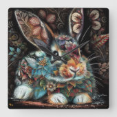 Whimsical Bunny Rabbit Floral Abstract Zwart Blauw Vierkante Klok (Voorkant)