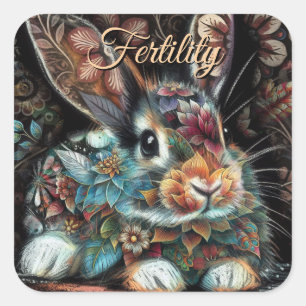 Whimsical Bunny Rabbit Floral Abstract Zwart Blauw Vierkante Sticker
