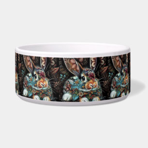 Whimsical Bunny Rabbit Floral Abstract Zwart Blauw Voerbakje