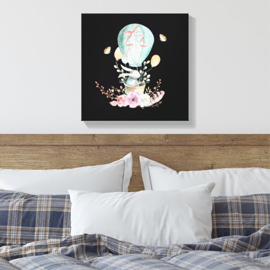 Whimsical Bunny Riding in a Hot Air Balloon Canvas Afdruk (Insitu (Slaapkamer))