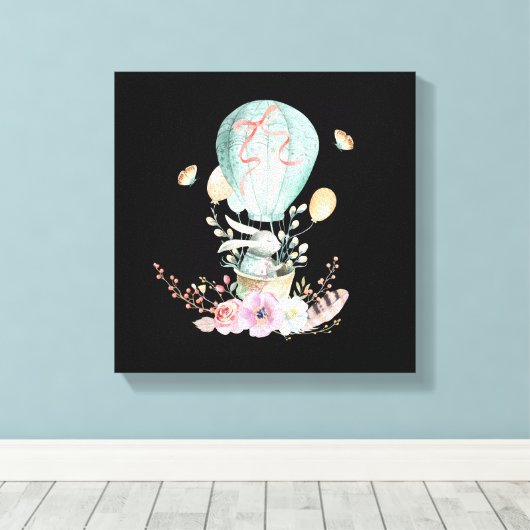 Whimsical Bunny Riding in a Hot Air Balloon Canvas Afdruk (Insitu (Houten vloer))