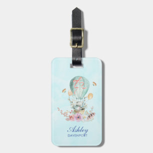 Whimsical Bunny Riding in een Hot Air Ballon Custo Bagagelabel