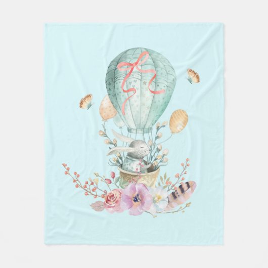 Whimsical Bunny Riding in een luchtballon Fleece Deken (Voorkant)
